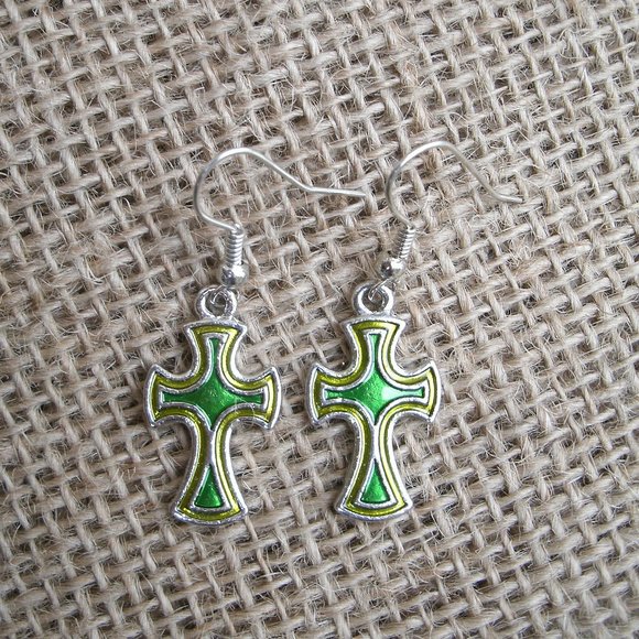 Pewter Green Enamel Cross Earrings - Picture 1 of 12